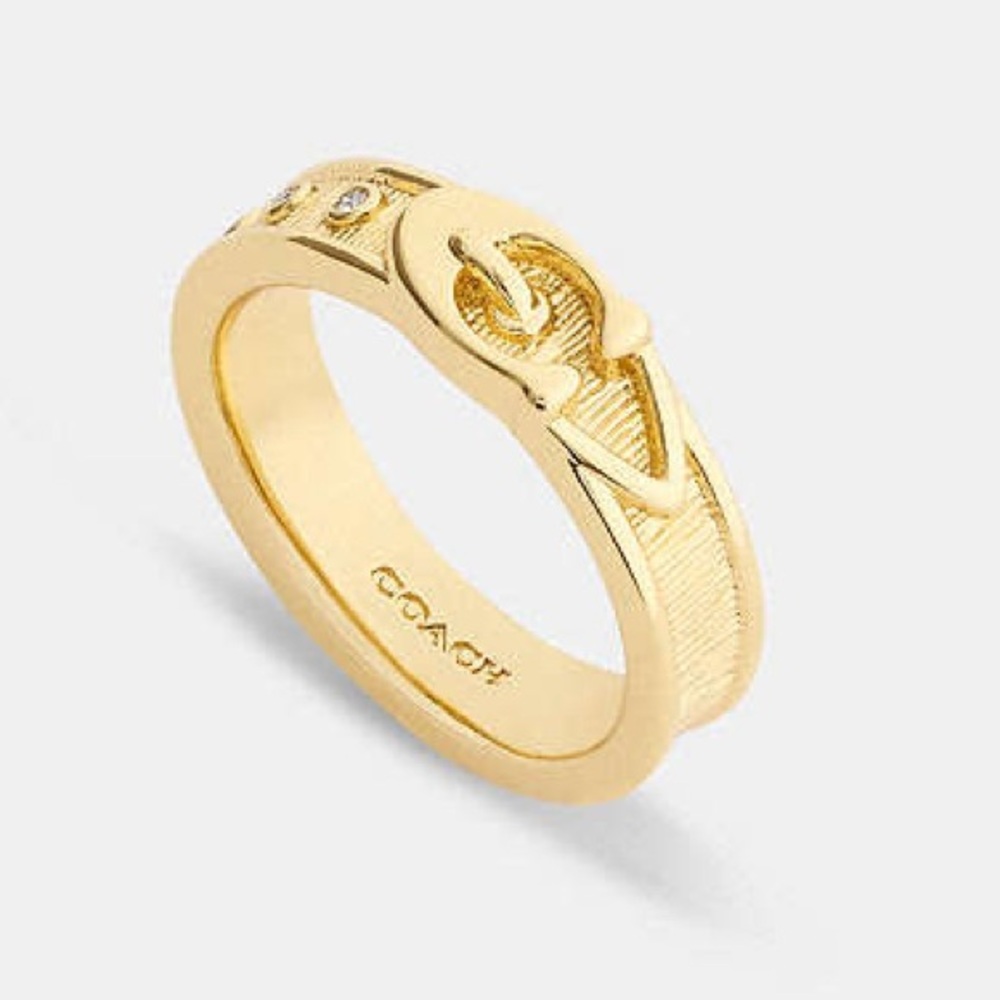 Coach Gold Signature C Brushed Buckle Ring Size 8